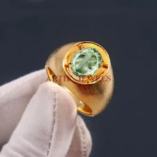 Natural Green Amethyst Gemstone Gold Plated 925 Sterling Silver Men's Ring #4927