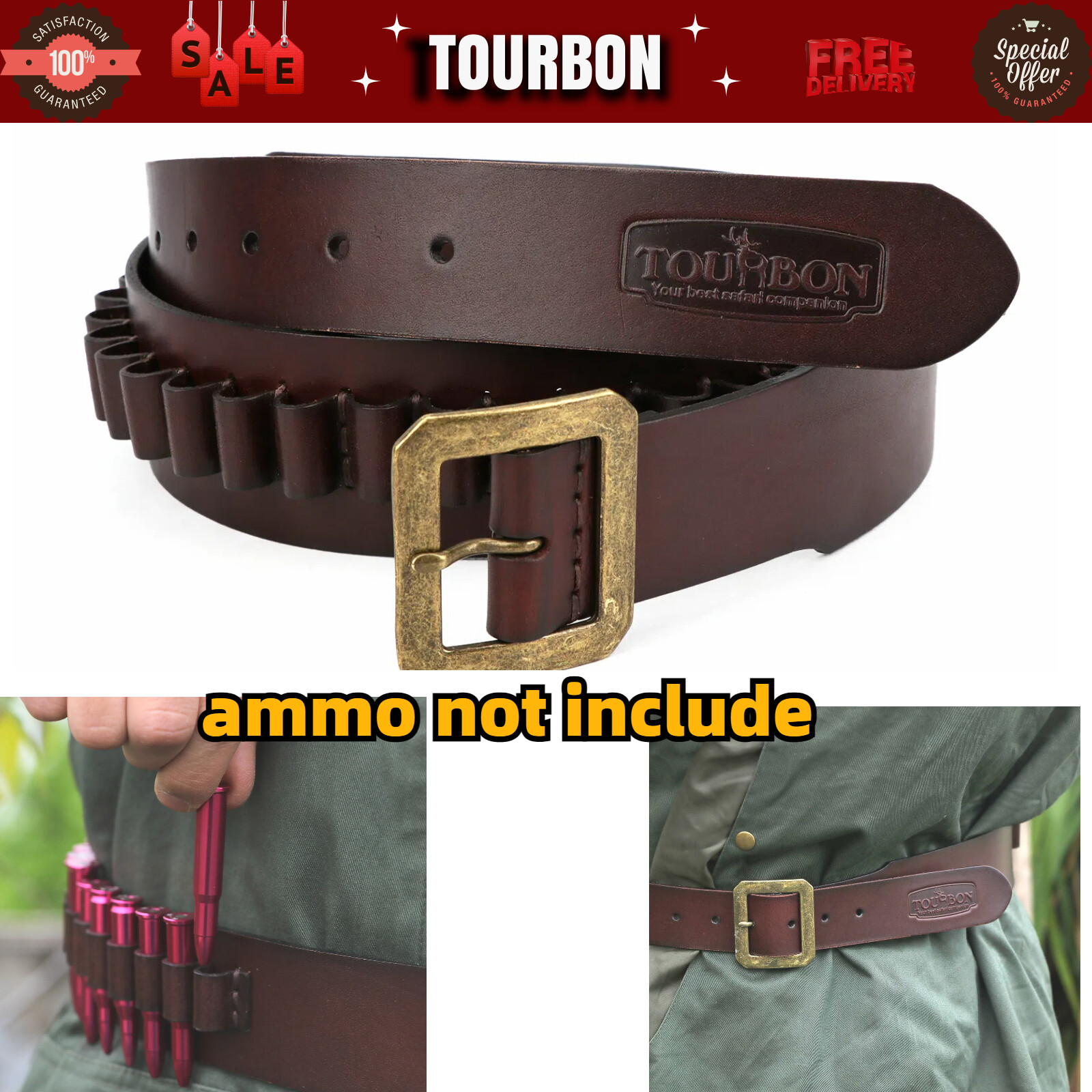 TOURBON .44/.45mag Cartridges Belt Ammo Holder Gun Holster Carry Leather 39-45""