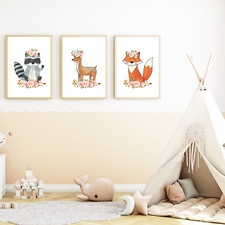 Waldtiere Waschbär Reh Fuchs 3er Set Kinderzimmer Bilder DIN A4 Wandbilder Deko