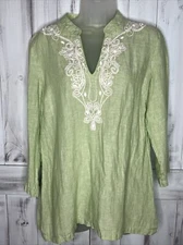 NURTURE 100% LINEN GREEN WHITE BEADED EMBROIDERED 3/4 SLEEVE BOHO TUNIC TOP LG