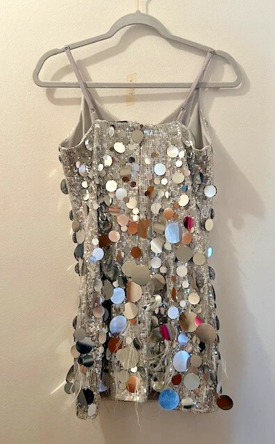 Mini Vestido Walter Baker Darina Metálico Plateado Disco Lentejuelas Pluma Cremallera Forrado XS Foto 4 de 4