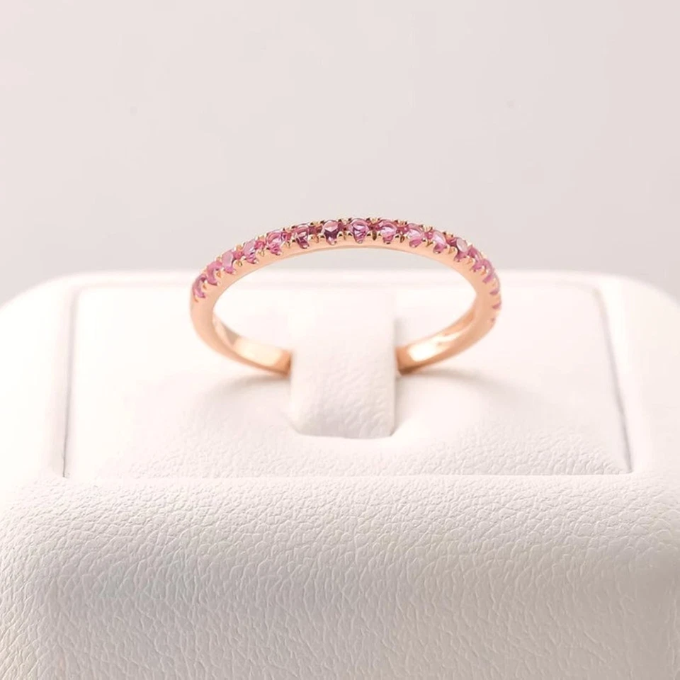 Banda de media eternidad pavé de zafiro rosa plata de ley 925 chapada en oro-plata Foto 2 de 4