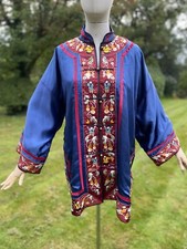 Vtg Chinese Silk Hand Embroidered Blue Silk Jacket Top With Kids Pictures Unisex