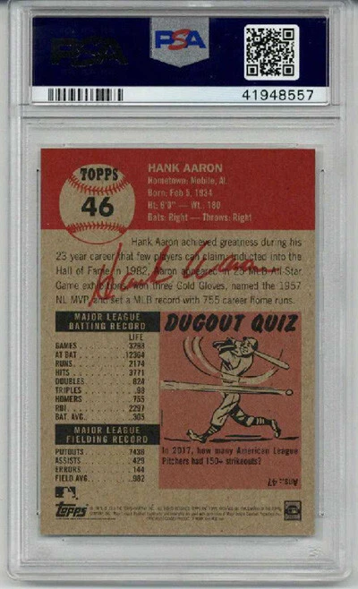 2018 TOPPS LIVING #46 HANK AARON BASEBALL CARD BRAVES PSA 10 SP LOW POP RARE - Image 2 of 2