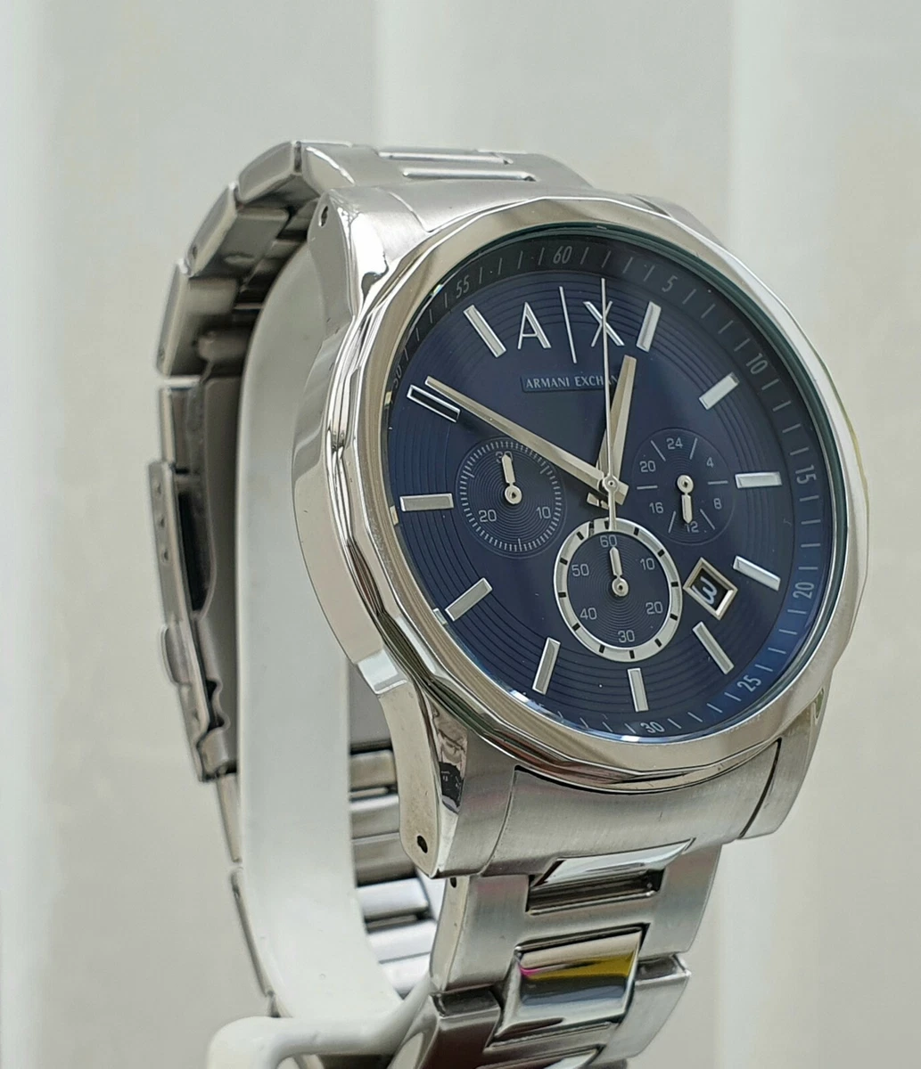 New ARMANI EXCHANGE Mens Watch Blue dial Chronograph Date Silver