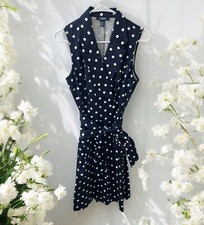 NWT Size 12 CHAPS Navy Blue & White Polka Dot Dress Sleeveless Retro Stretch