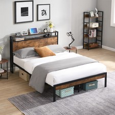 Full Size Bed Frame Metal Platform Bed Frame w/ Wooden Headboard  USB Ports