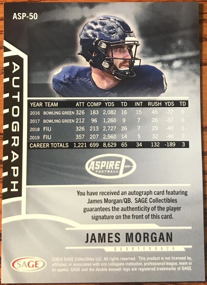 2020 SAGE Aspire Rookie Autograph RED James Morgan #ASP-50 FIU #’d 42/50 - Image 2 of 2