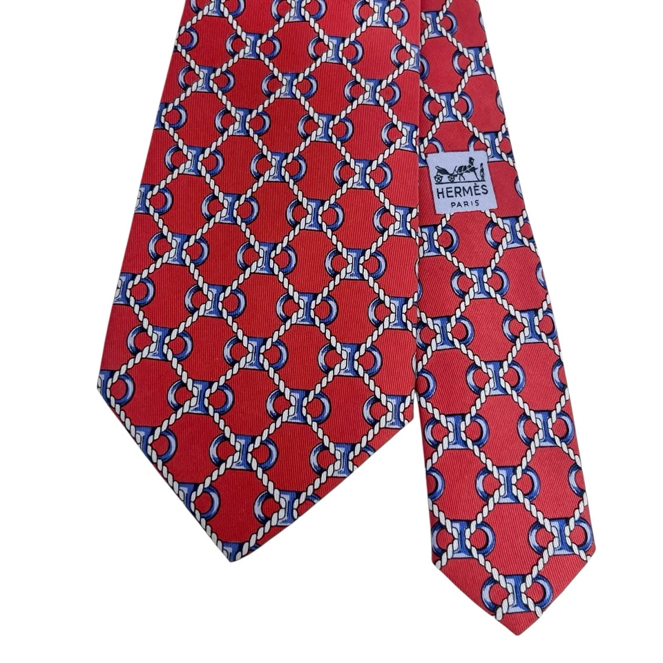 Corbata para hombre Hermes Chaine D'ancre rojo/azul satinado seda 682 OA 3,75" (W) 56" (L) guc Foto 2 de 4