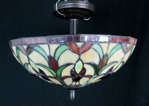 Vintage Tiffany Style Semi-Flush Stained Glass Ceiling Light Fixture & Shade