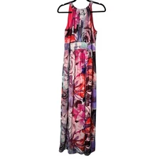 Eliza J Dress SZ 4 Pink Purple Floral Print Fit & Flare Sleeveless Halter Maxi