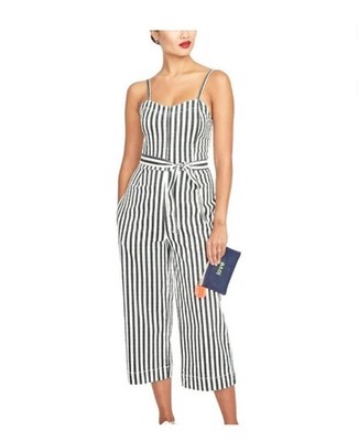 Rachel Roy Size 6 Overalls Black White Wide Leg Striped 