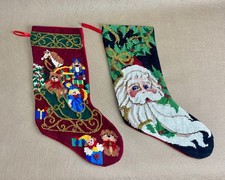 2 Vintage Peking Needlepoint Christmas Stockings Beaded Santa Sleigh NOS Mint
