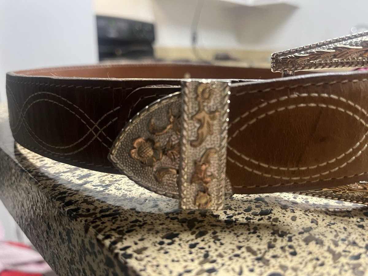 Brown Leather Floral Embroidered Silver Buckle Belt 32” W Boho Western Cottage il_fullxfull.4923113194_m633.jpg main image 3