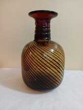 Vintage Amber Black Spiral Swirl Red Ribbed Neck Hand Blown Art Glass Vase 8"