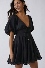 Free People Perfect Day Mini Dress Smocked Puff Sleeve Cotton Black S New 285275