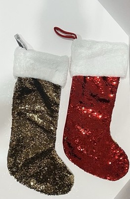 Two Reversible Sequin Christmas Stockings  Red To Gold & Silver To Gold