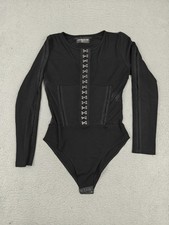 Maniere De Voir Bodysuit Womens 8 Black Long Sleeve Hook Front Corset Snap