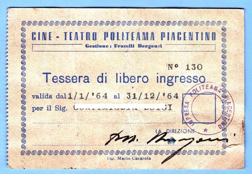 GD0047 Biglietto di ingresso: Tessera Cinema Politeama Piacentino 1964