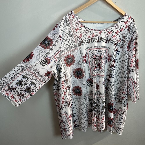 Top túnica Catherines para mujer 2X malla en capas manga 3/4 blanco floral cuello redondo - Imagen 3 de 12