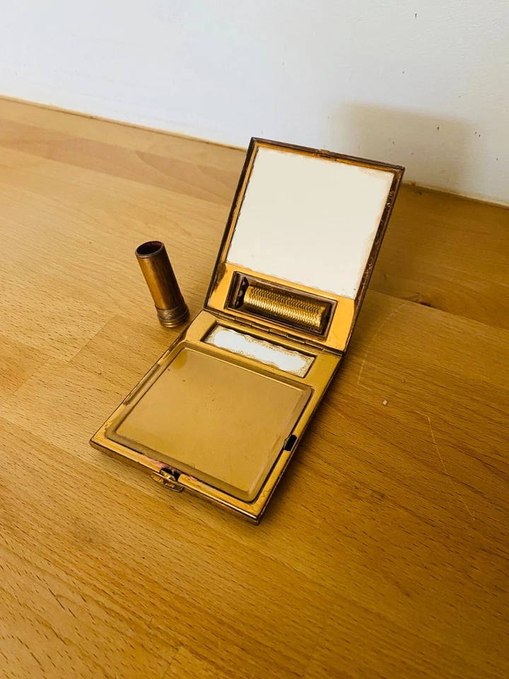 Ancien poudrier de sac avec miroir + rouge à lèvres en métal doré – années 1940 - Photo 2/4