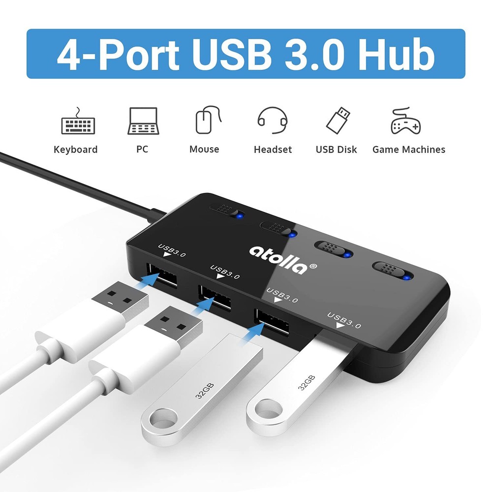 4-Port USB 3.0 Hub with Power Switches LED Lights 2ft Cable