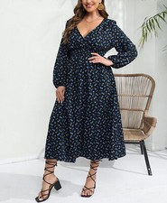 Women Causal Floral Print V-Neck Long Sleeve Long Maxi Dress Plus Size