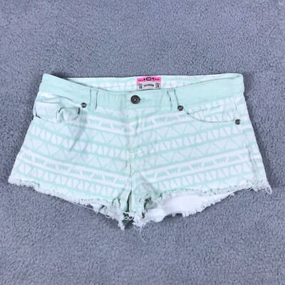 Pull&Bear Denim Shorts Womens US 7 30'' Waist Mint Green Geometric Tiki Frayed
