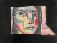 Woman Portrait Painting Quirky Naive Outsider Primitive Cardboard Art Miz Katie