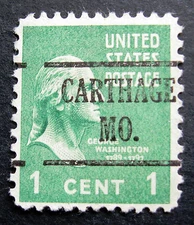 Sc # 804 ~ 1 cent Washington Issue, Precancel, CARTHAGE MO.