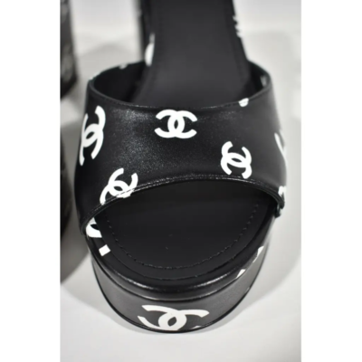 Chanel 22S Black White Lambskin CC Logo Platform Strap Block Heel