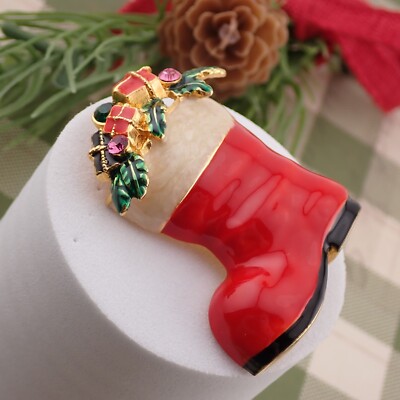 Vintage Eisenberg Ice Red Enamel Santa Boot Rhinestone Pin