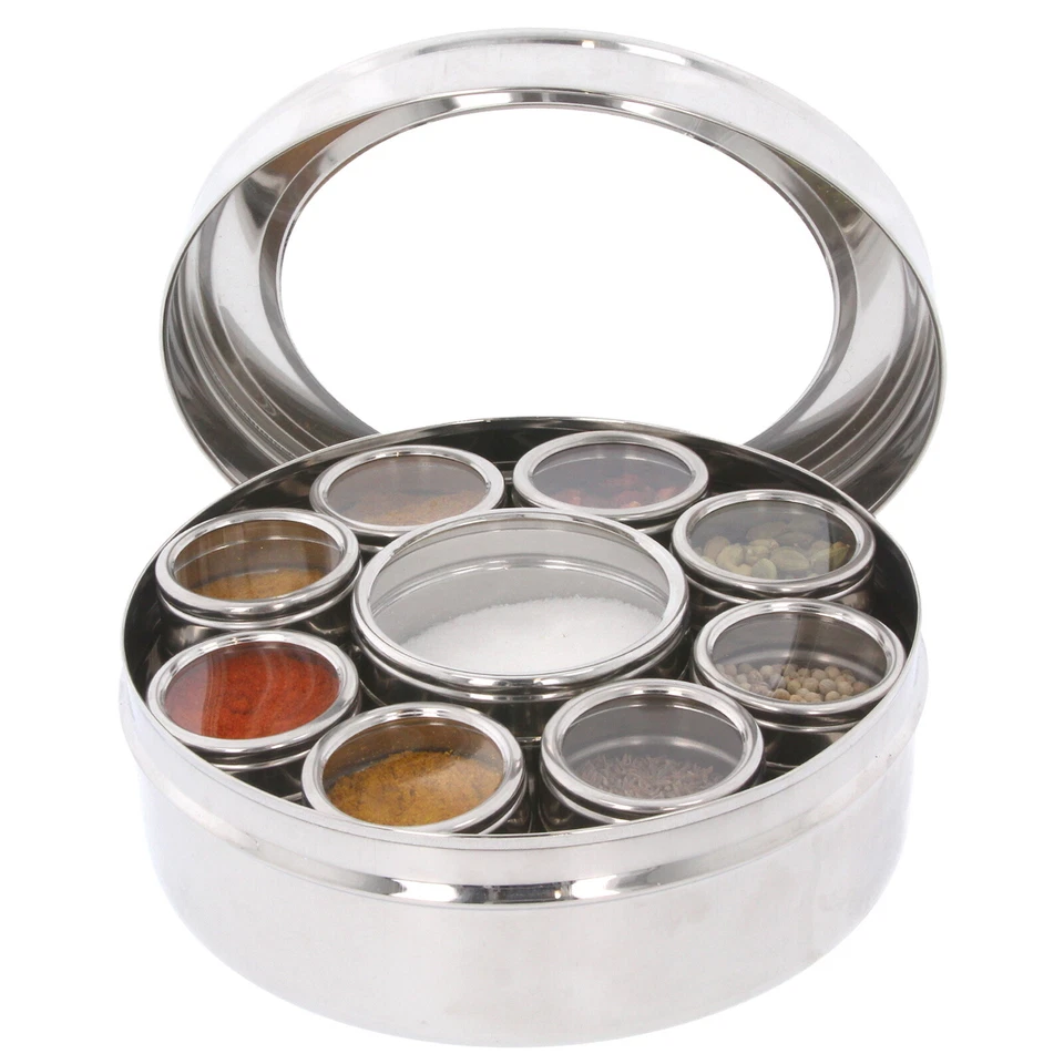 Authentic Indian Spice Tin Box Masala Dabba Stainless Steel 9PC Spices Herb Pots - Image 2 of 4