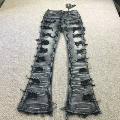 Guapi Jeans Mens 30 Black Distressed Ripped Patchwork Flare Leg