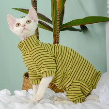 Sphynx Cat Clothes Soft Green Striped 4-legged Jumsuit For Kittnes Dogs OverSize