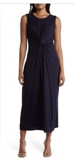 T Tahari Front Knot Maxi Navy Dress Jersey Knit Stretch Comfort Womens Sz S NWT