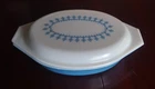 Vintage Pyrex Divided Oval Casserole Dish 1 Qt "Snowflake Blue Garland" Pattern