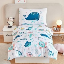 4 PCS Toddler Bedding Set Ocean Themed Comforter Reversible White Whales