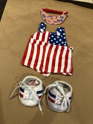 Build a Bear Patriotic Overalls W/Matching Shoes & Visor /  Red White and Blue