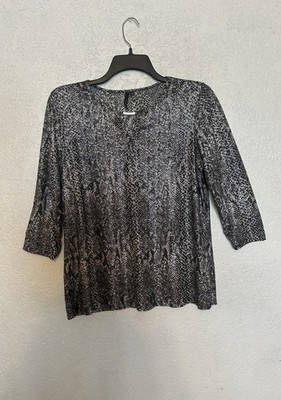 Cathy Elegant Black and Gray Women's Blouse Snake Print Front Key Hole Size L