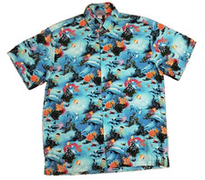Vtg High Seas Hawaiian Shirt Mens L Dolphins Fish Coral Art Print 90s USA Made