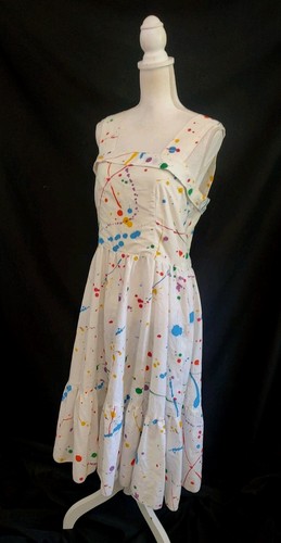 Vestido Vintage Años 80 Pintura Salpicaduras Estampado Clásico Vestido Sol Volantes Dobladillo L - Imagen 5 de 8