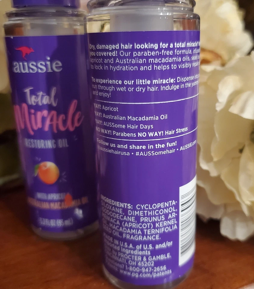 2 X Aceite Restaurador Aussie Total Miracle con Aceite de Albaricoque y Macadamia 3.2 OZ cada uno Foto 2 de 2