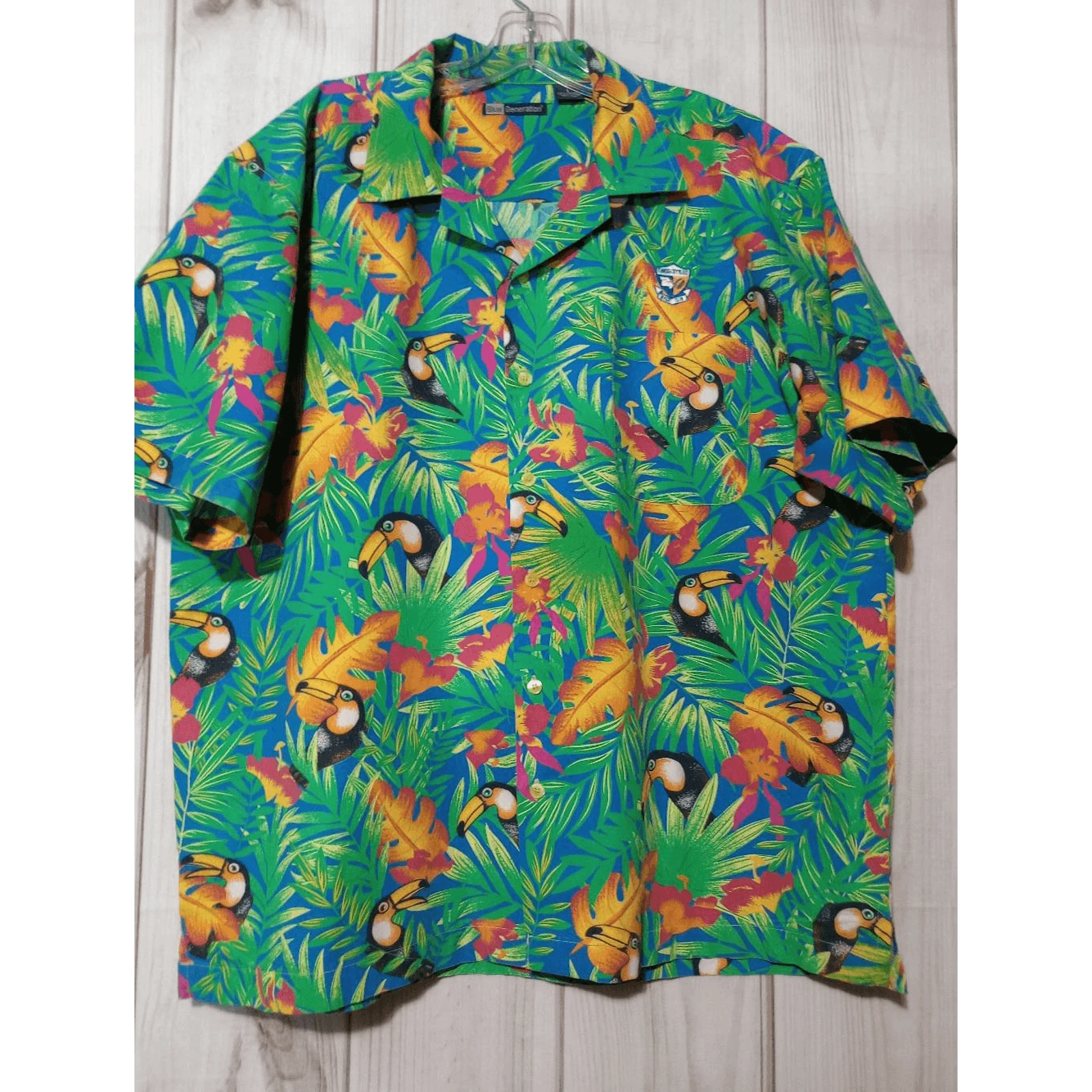 Blue Generation Mens Toucan Tropical Print Button Down Shirt Blue Green Large