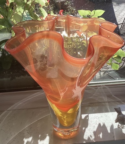 Jarrón grande de cristal con pañuelo de Murano naranja/amarillo 12,75" soplado a mano - Imagen 8 de 8
