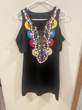 Boho Cold-Shoulder Embroidered Style Mini Dress- Size Medium
