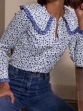 Boden White Blouse with Blue Floral Print and Trim size 12