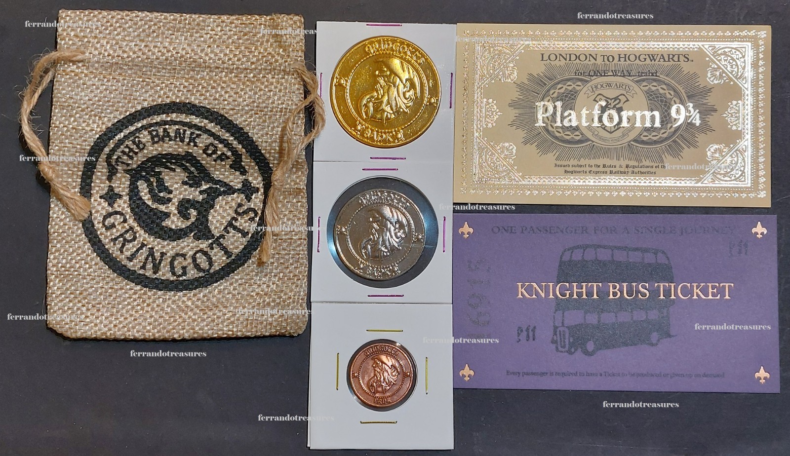 Harry Potter Gringotts Coins Sack Tickets to Platform 9 3/4 Train & Knight Bus