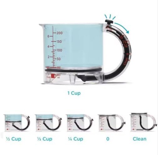 Multi-functional adjustable measuring cup with scraper lid and lift-up base