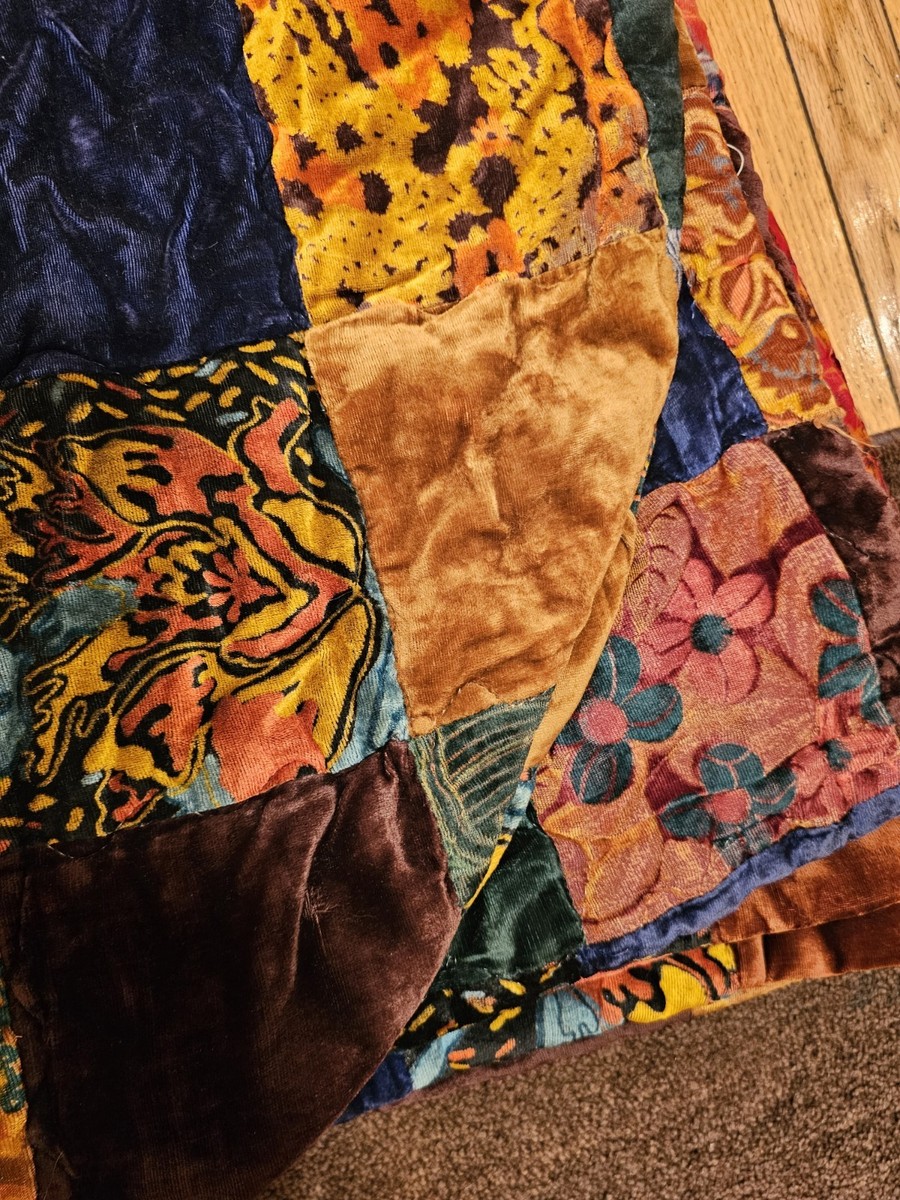 Vtg 70s Velvet Patchwork Hippie Boho Quilt Bedspread Blanket King 